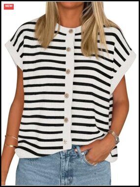 Striped Cap Sleeve Sweater Vest Button Down Cardigan